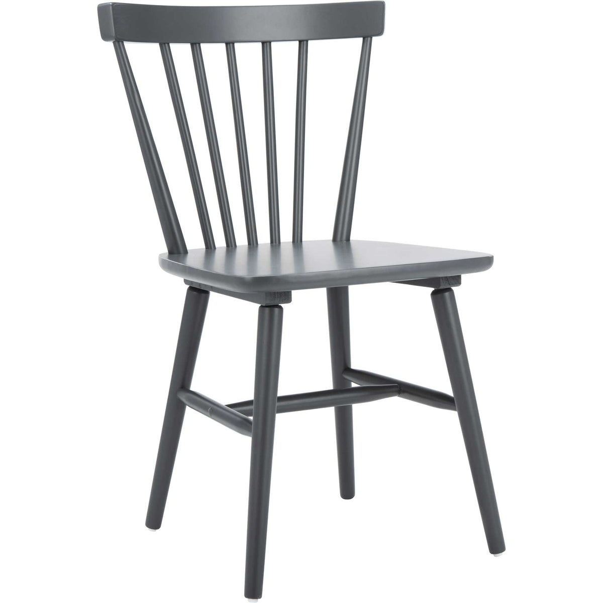 Gray rubberwood dining chair with a wide seat, tapered legs, and an airy spindle back || DCH8500E-SET2 || front_angle_studio