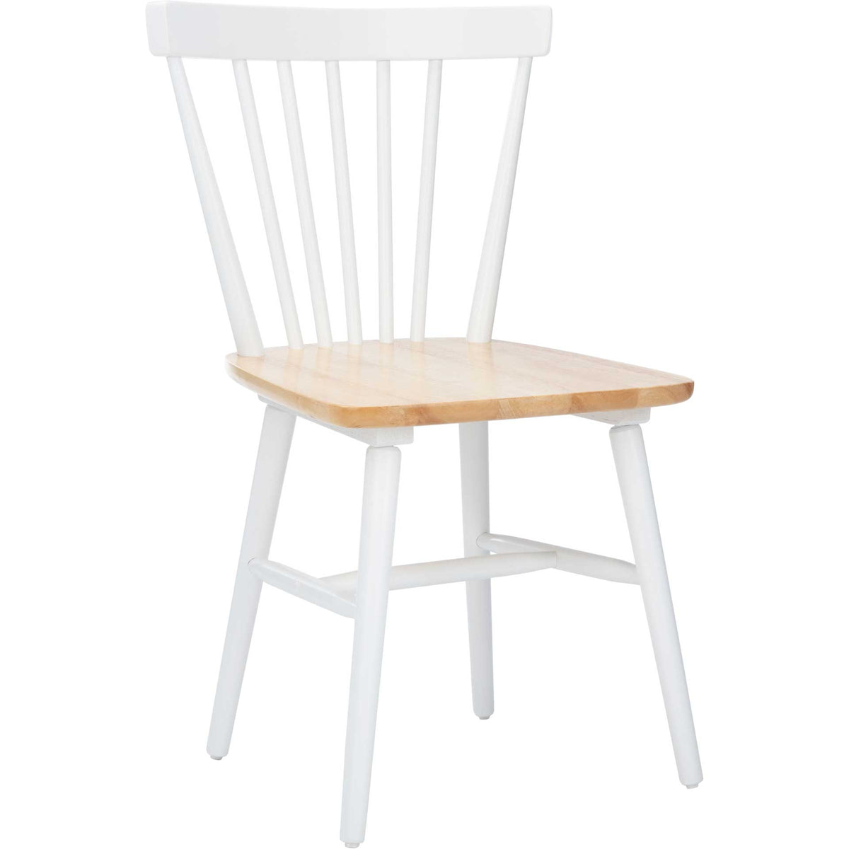 White dining chair with a natural wood seat, curved spindle back, and tapered legs || DCH8500F-SET2 || front_angle_studio