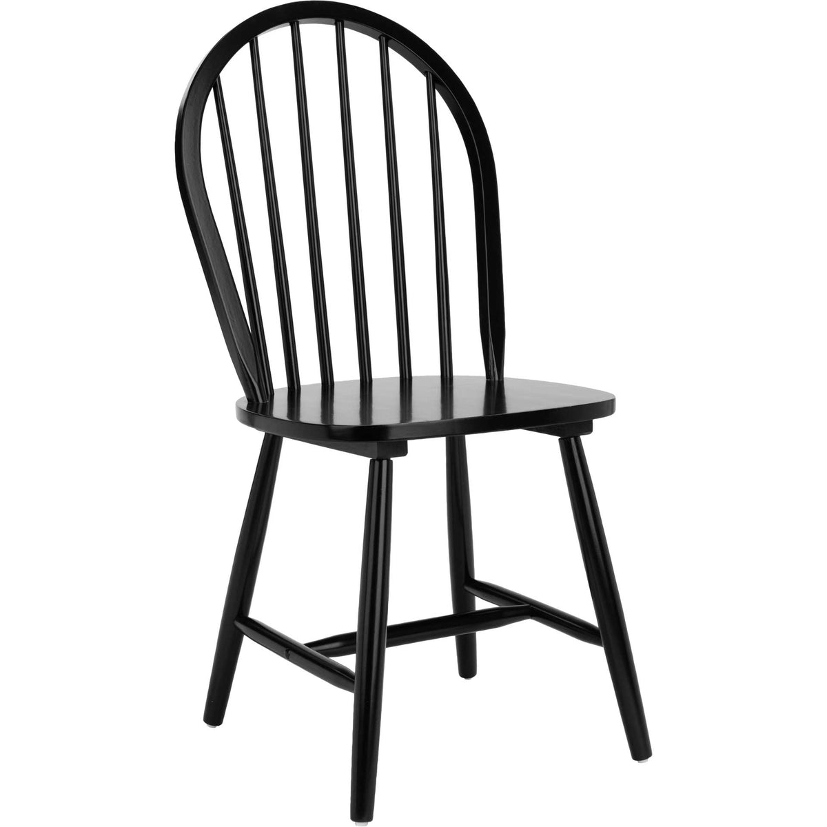 Black rubberwood chair with a rounded seat, arched spindle back, and splayed legs || DCH8501A-SET2 || front_angle_studio