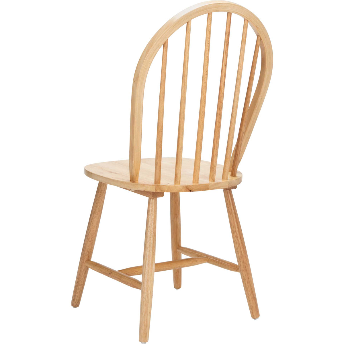 The natural wood chair balances a curved spindle back with angled, cross-braced legs
