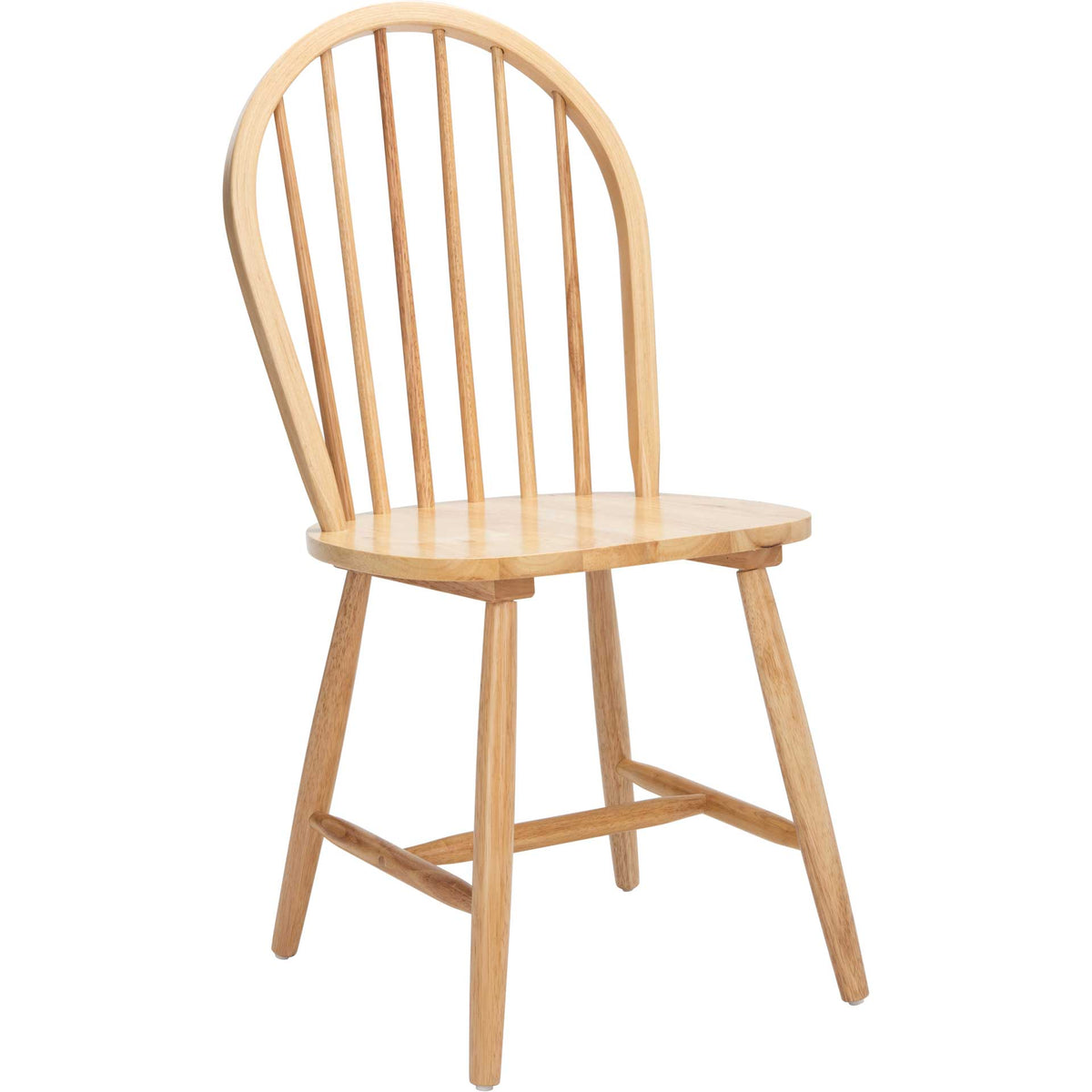 Natural rubberwood chair features visible grain, an arched spindle back, and a smooth seat || DCH8501D-SET2 || front_angle_studio
