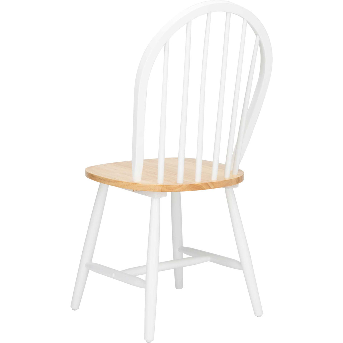 A natural wood seat softens the contrast of the white spindle back and angled legs