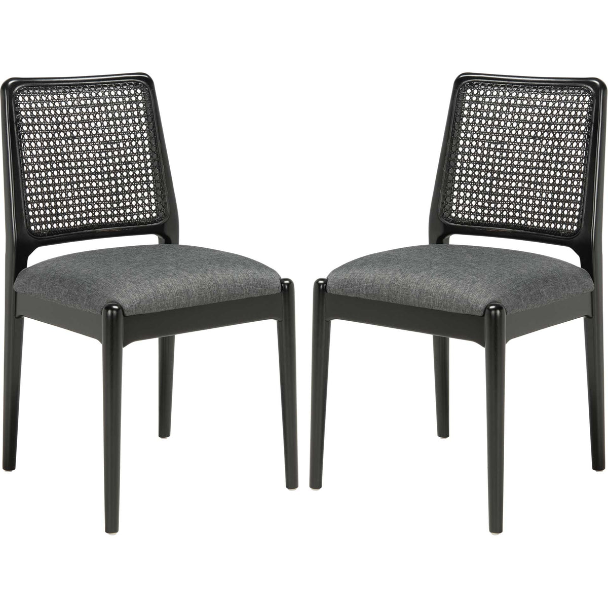 Two black wood dining chairs combine airy rattan backs with soft gray upholstered seats