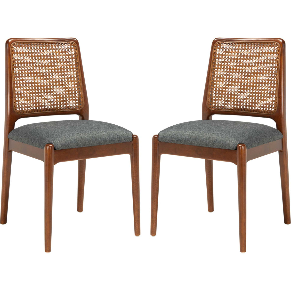 Two walnut-finished dining chairs pair woven rattan backs with gray upholstered seats