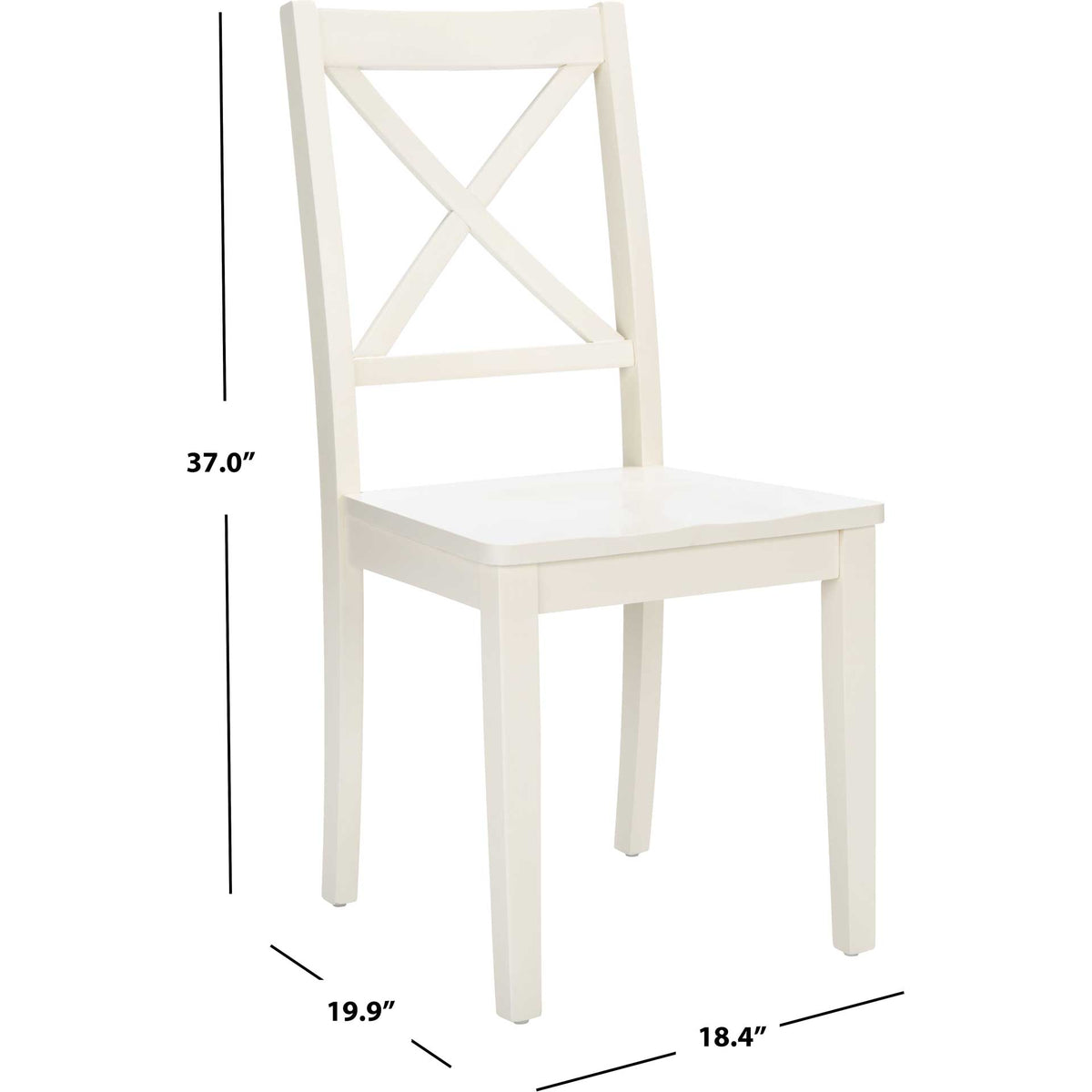 The white X-back dining chair measures 37 inches tall, 18.4 inches wide and 19.9 inches deep.