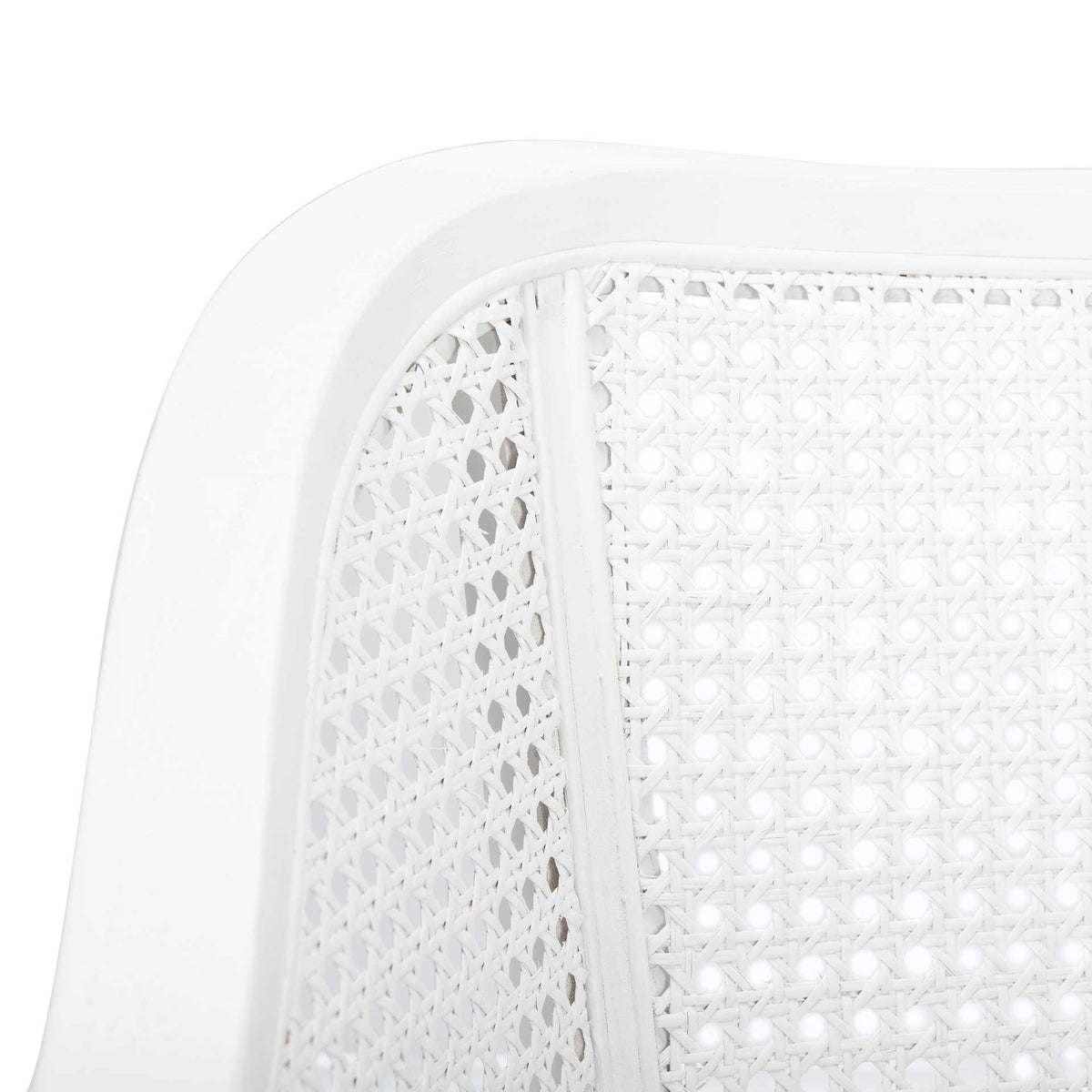 Intricate white cane lattice is set into the smooth curves of the painted wood frame