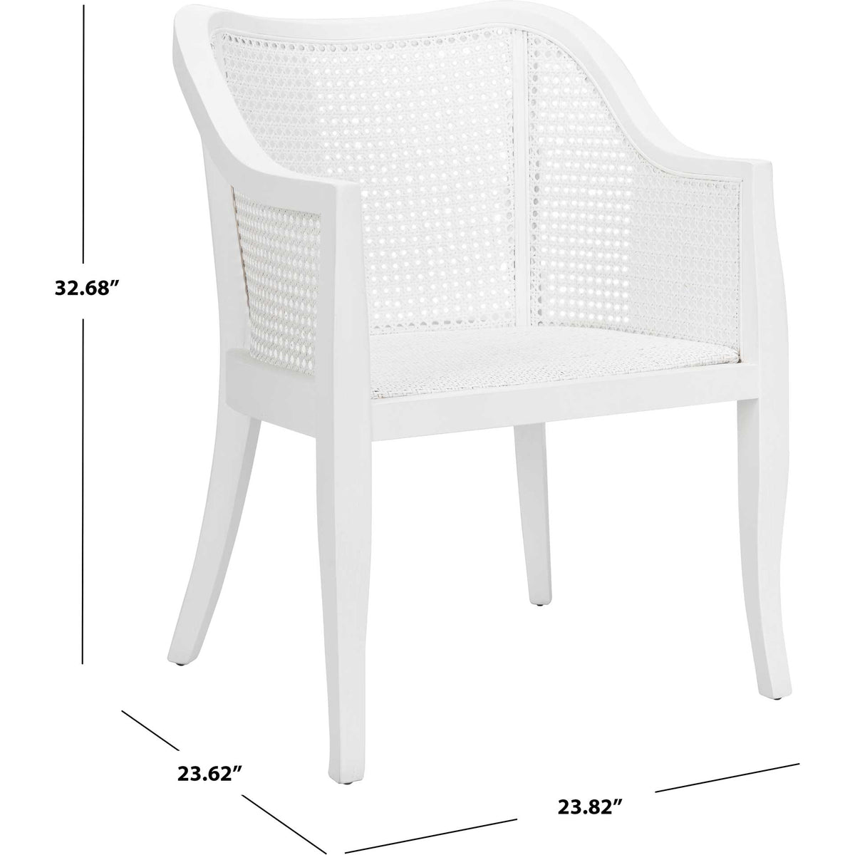 White wood and cane dining chair measures 23.82 by 23.62 by 32.68 inches
