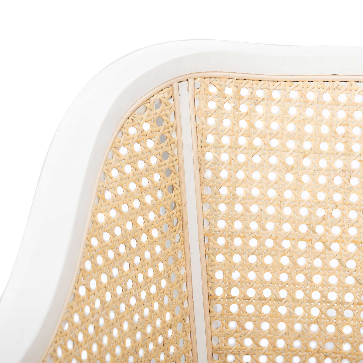 Detailed natural cane lattice meets a smooth white-painted wood frame