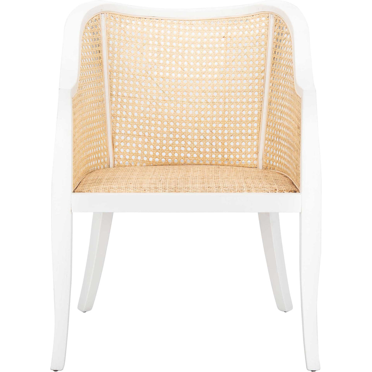 Warm natural cane fills the curved back and woven seat beneath crisp white wood arms || DCH9500B || front_studio