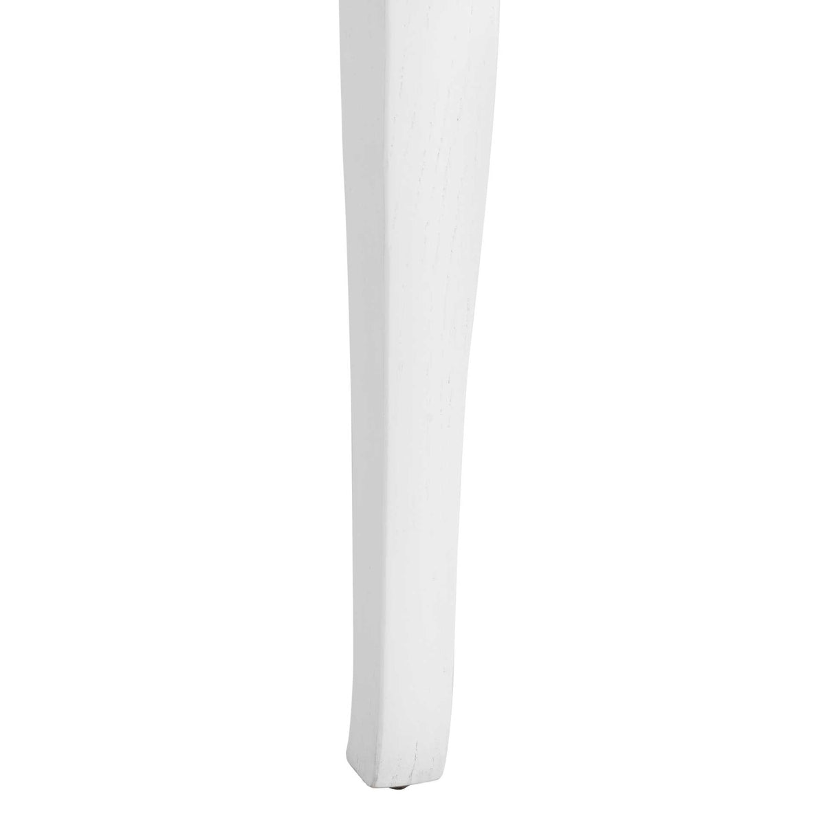 A slender white wood leg tapers toward the floor with a clean painted finish