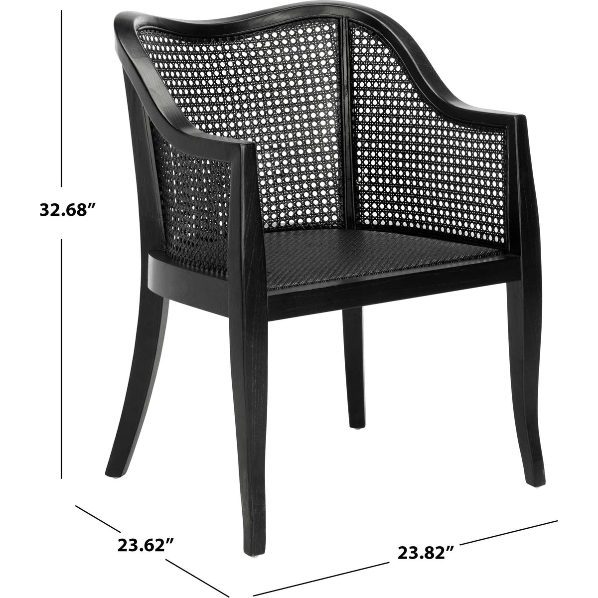 Curved black wood and cane dining chair measures 23.82 by 23.62 by 32.68 inches