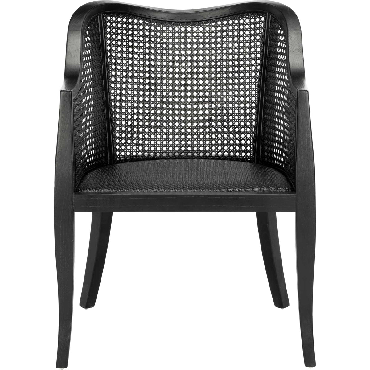 Sculpted black wood arms frame an airy cane backrest and textured woven seat || DCH9500C || front_studio