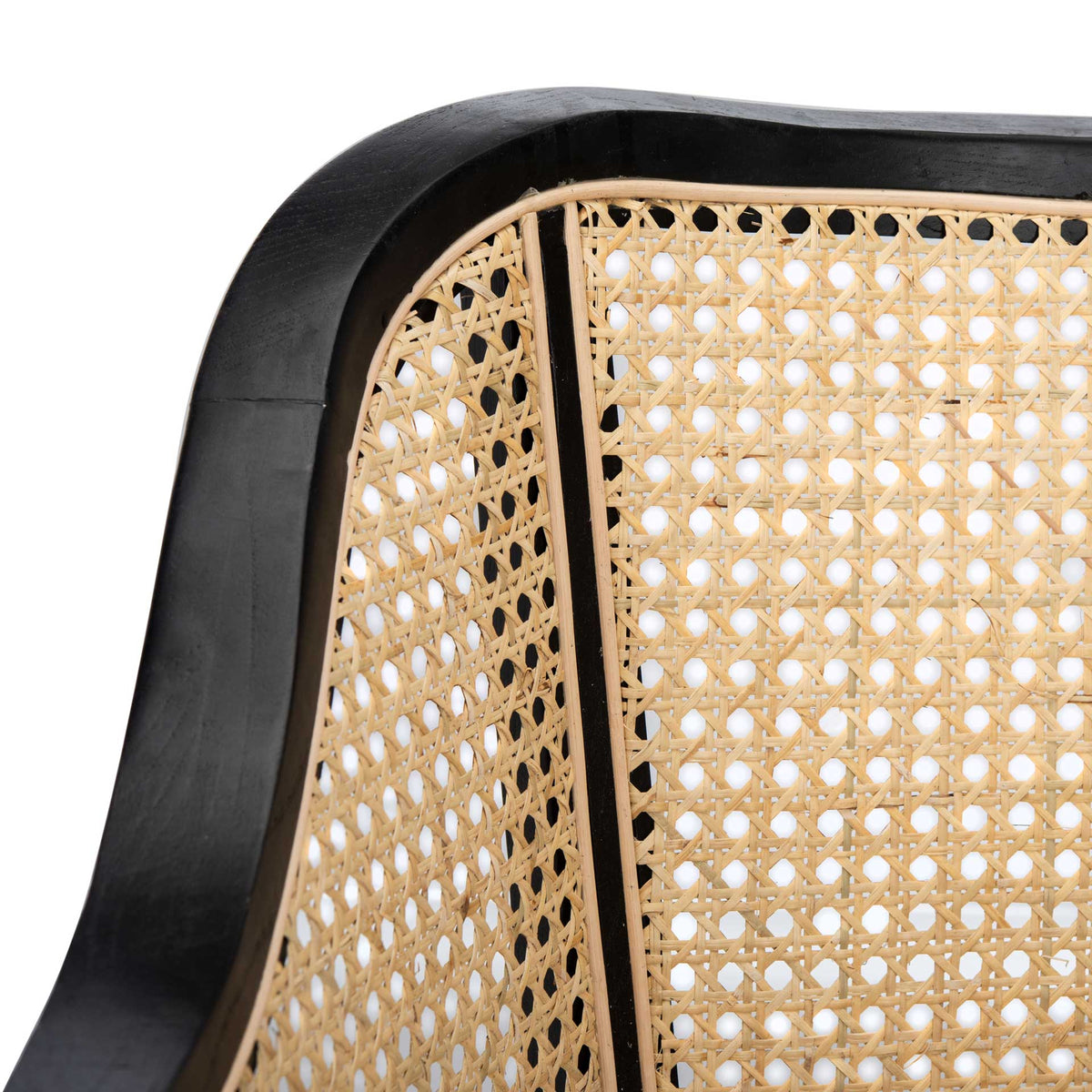 Honey-toned cane lattice is inset along the smoothly curved black wood backrest