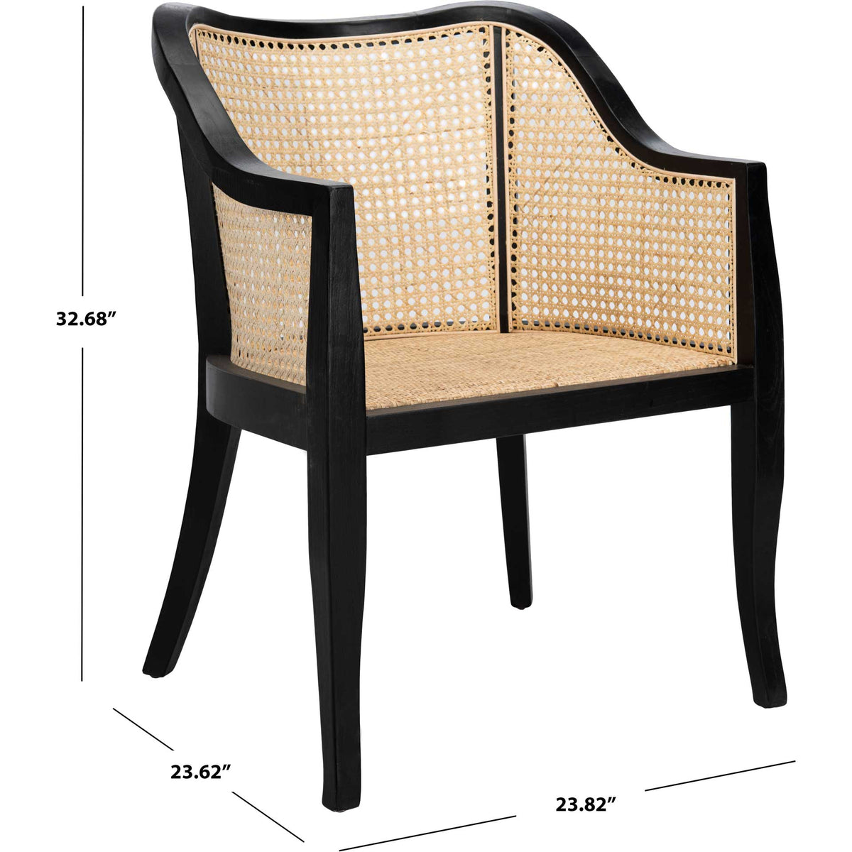 Black wood and natural cane dining chair measures 23.82 by 23.62 by 32.68 inches