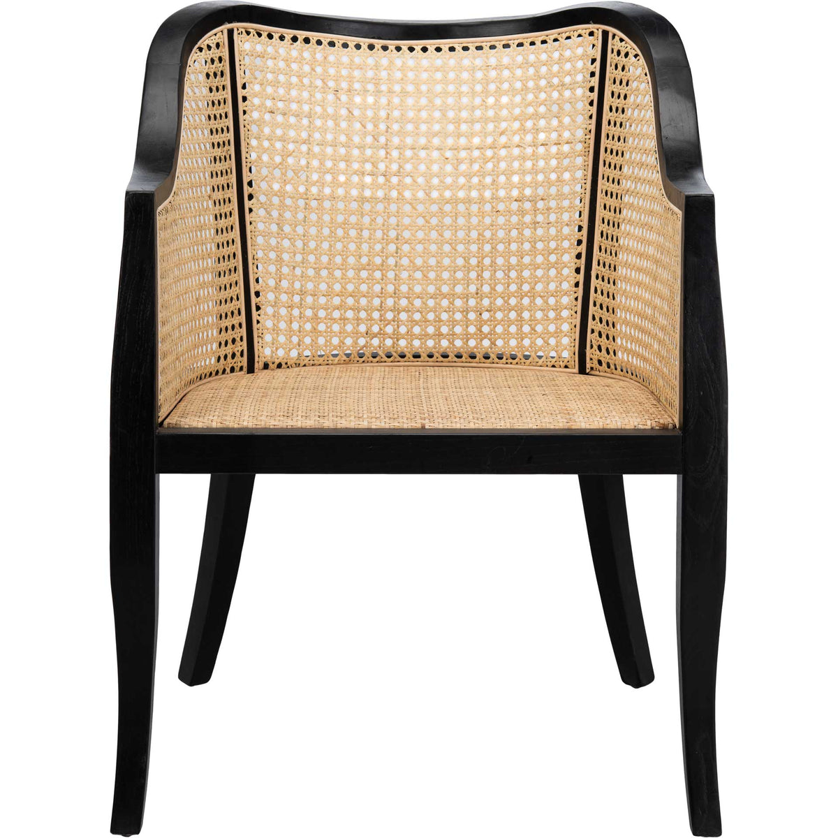 Natural cane backrest and seat brighten this black wood dining chair with gently curved arms || DCH9500D || front_studio