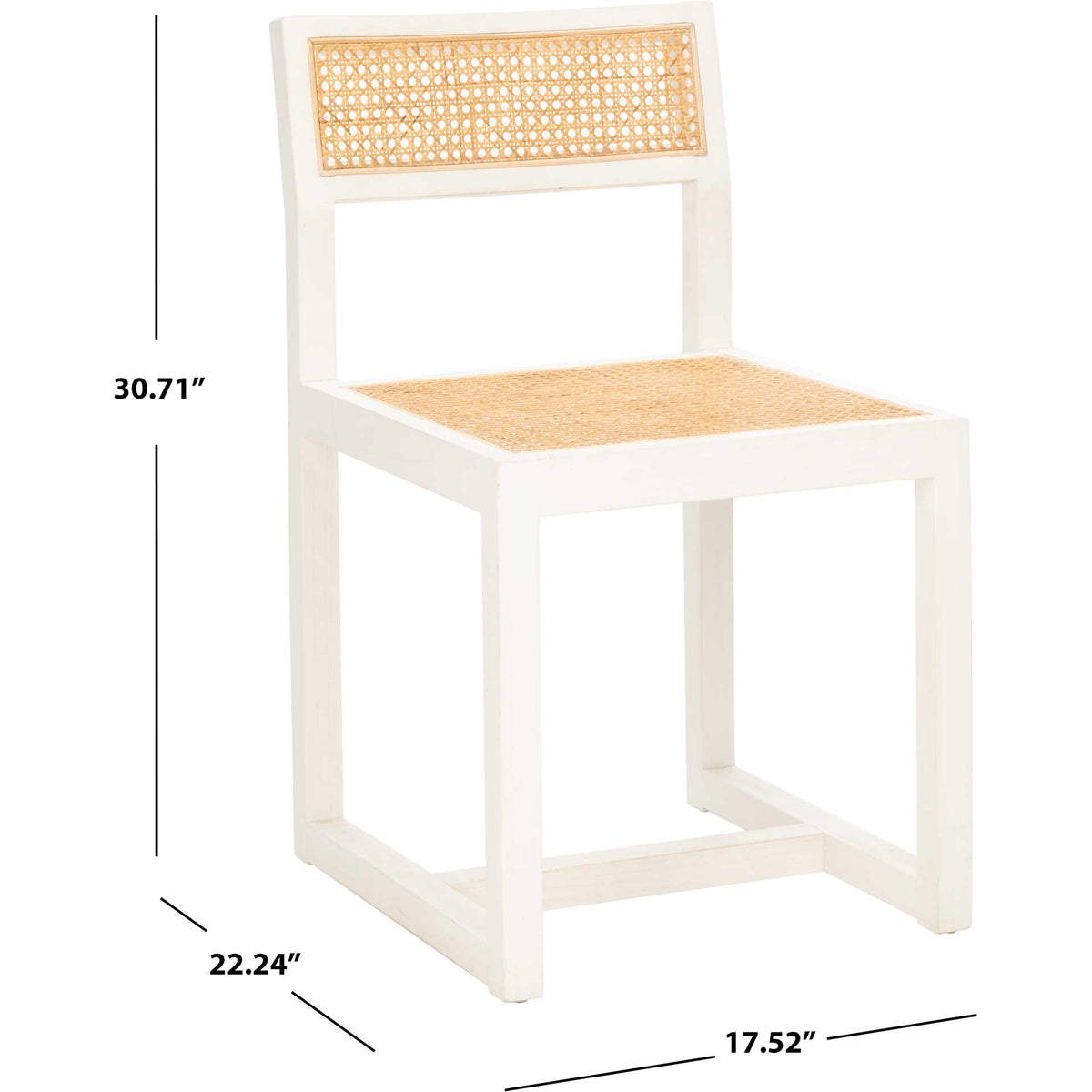White-painted elm and cane chair measures 17.52 inches wide, 22.24 inches deep, and 30.71 inches high
