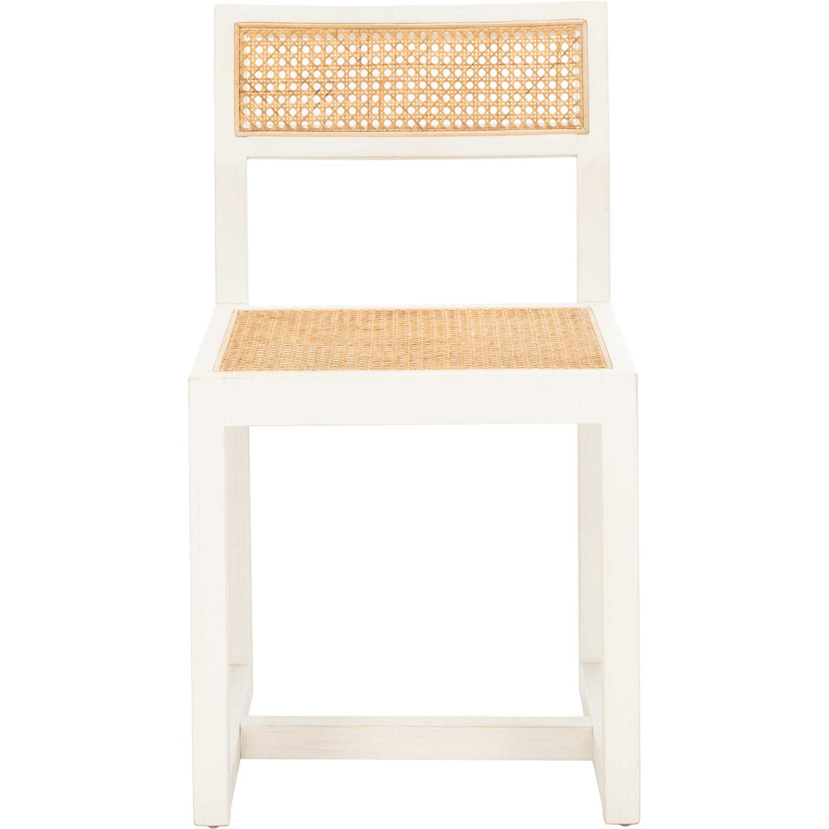 A woven cane seat and inset back panel lend natural texture to a crisp white-painted elm chair || DCH9502A || front_studio