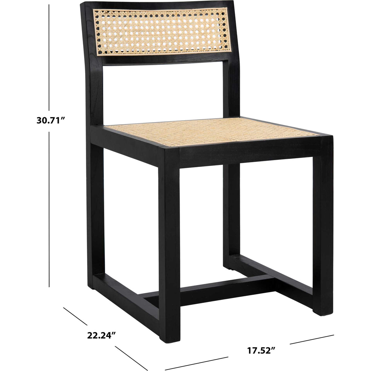 Black-finished elm and cane chair measures 17.52 inches wide, 22.24 inches deep, and 30.71 inches high
