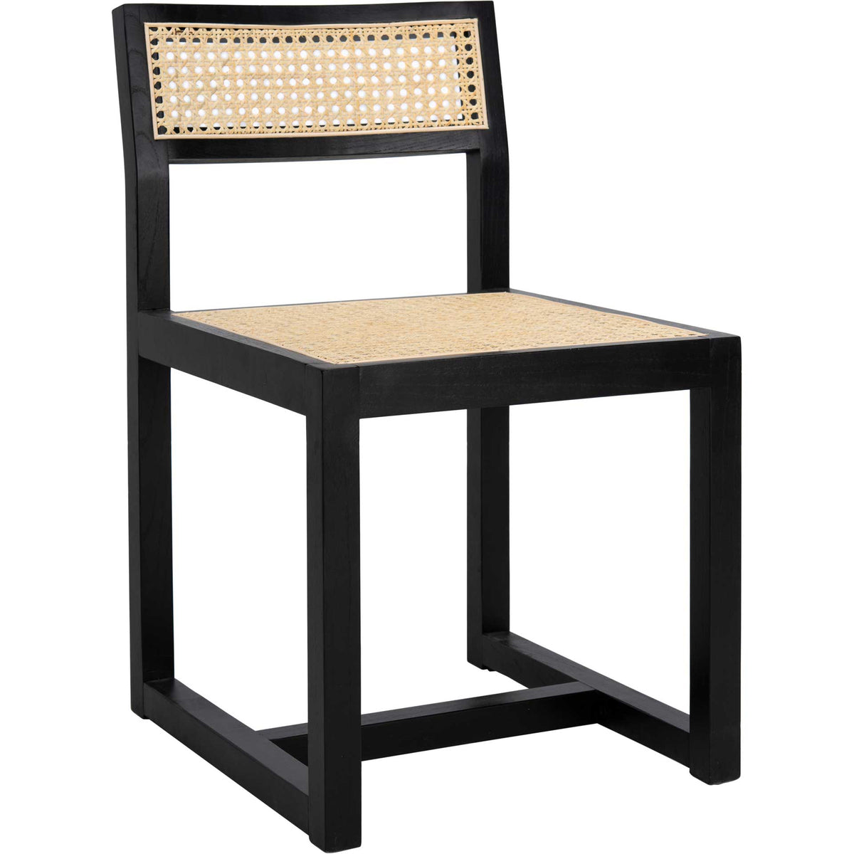 Black-finished elm dining chair pairs a woven cane seat and backrest with an open, geometric frame || DCH9502B || front_angle_studio