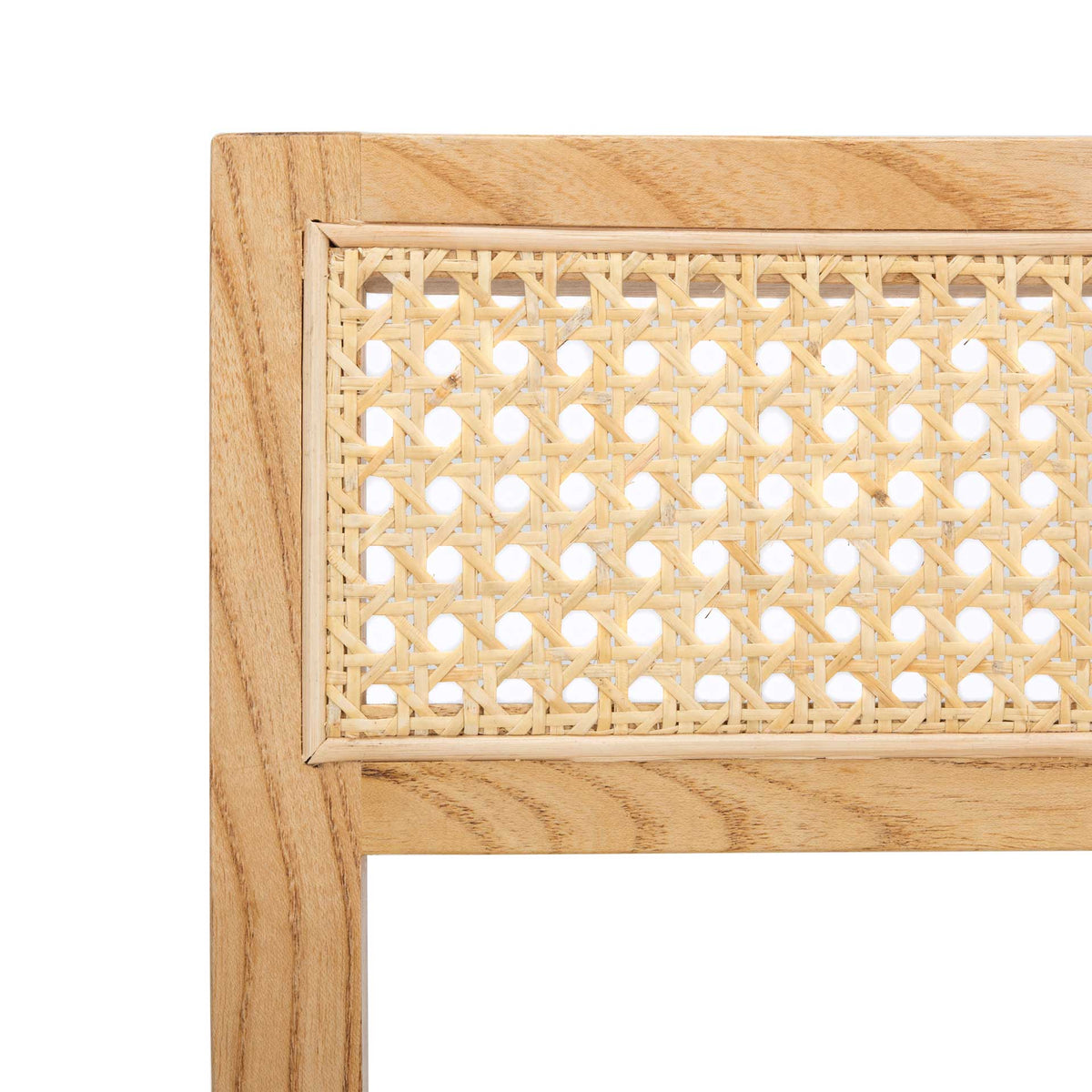 Open cane weave adds texture within the warm, visible grain of the natural elm backrest