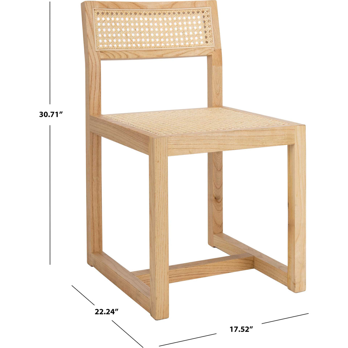 Natural elm and cane chair measures 17.52 inches wide, 22.24 inches deep, and 30.71 inches high