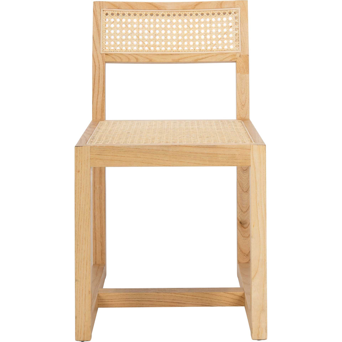 Warm natural elm surrounds a woven cane seat and inset back panel for an airy dining silhouette || DCH9502C || front_studio