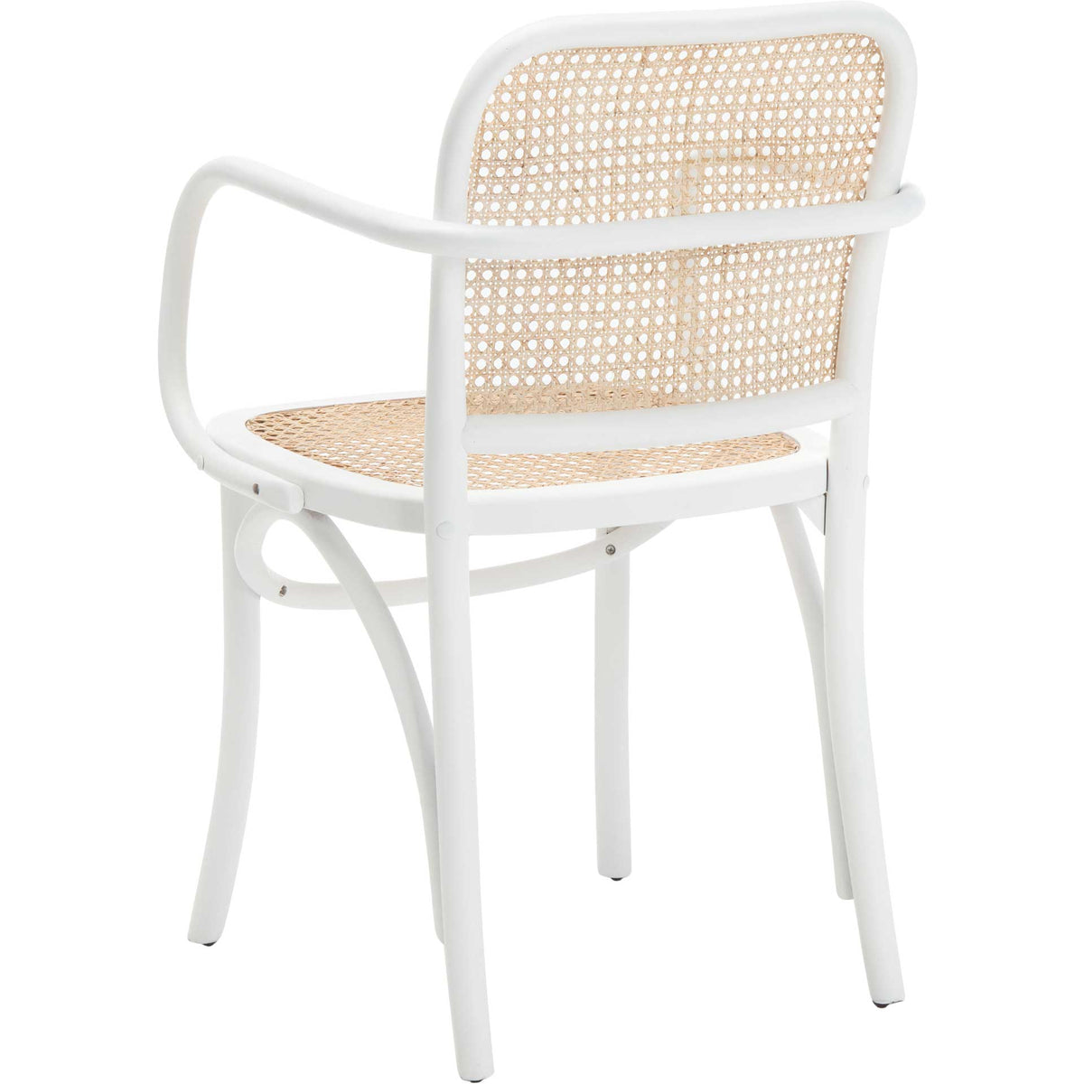 A rounded cane back rests within a crisp white wood frame with sweeping arms and curved supports.