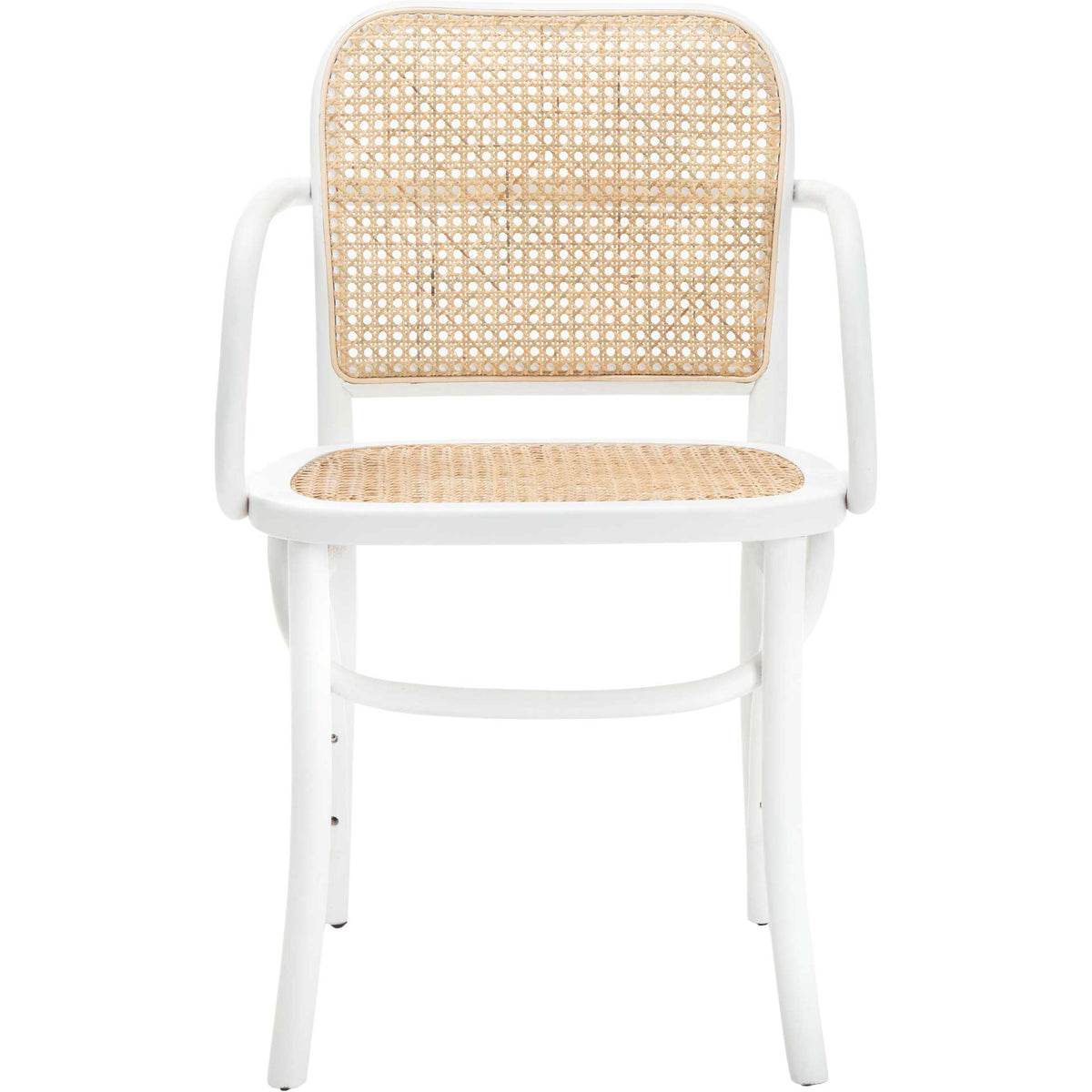 Natural cane seating and a softly rounded back stand out against the white wood frame and slender legs. || DCH9503A || front_studio