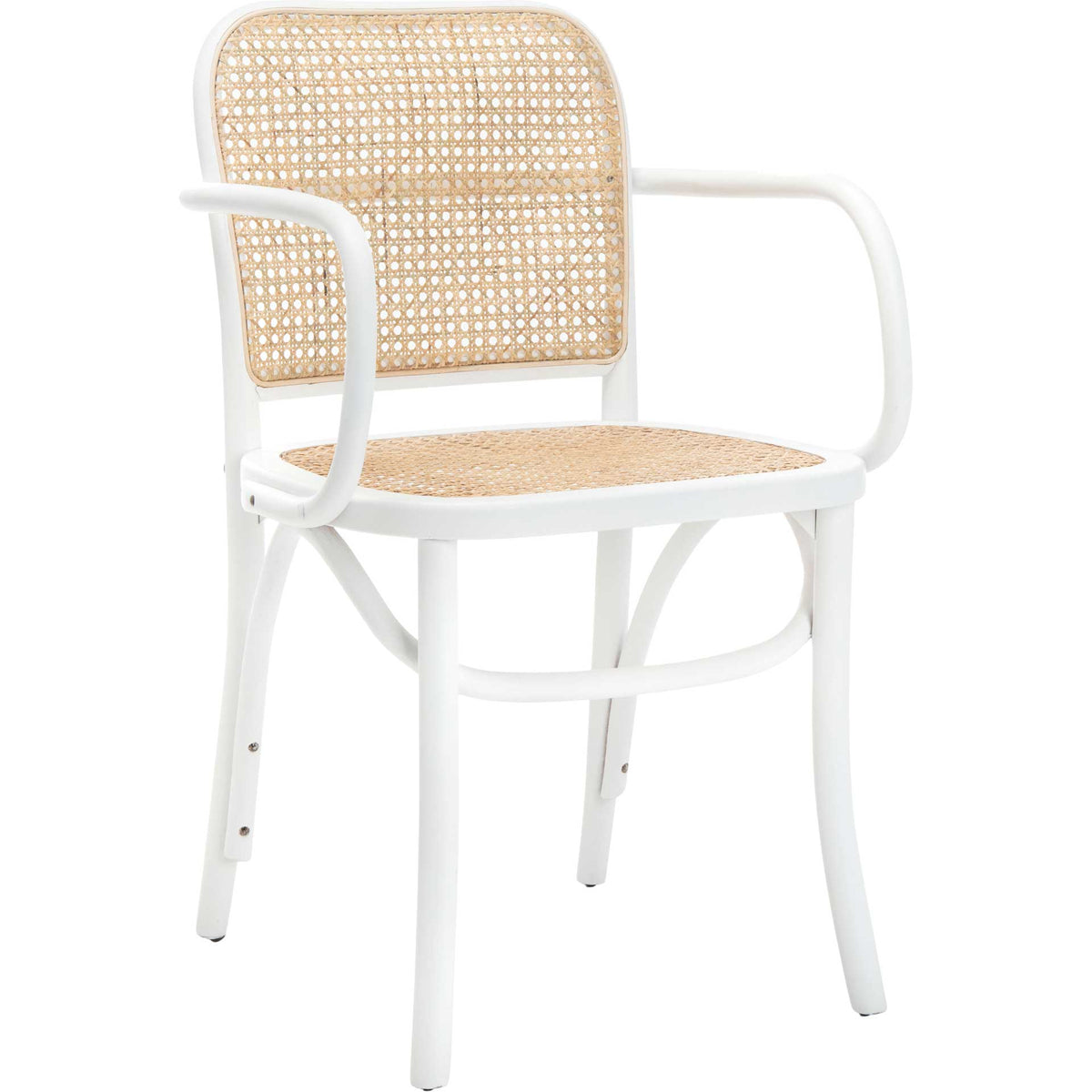 Bright white wood curves around a natural cane seat and rounded back for a breezy dining chair. || DCH9503A || front_angle_studio