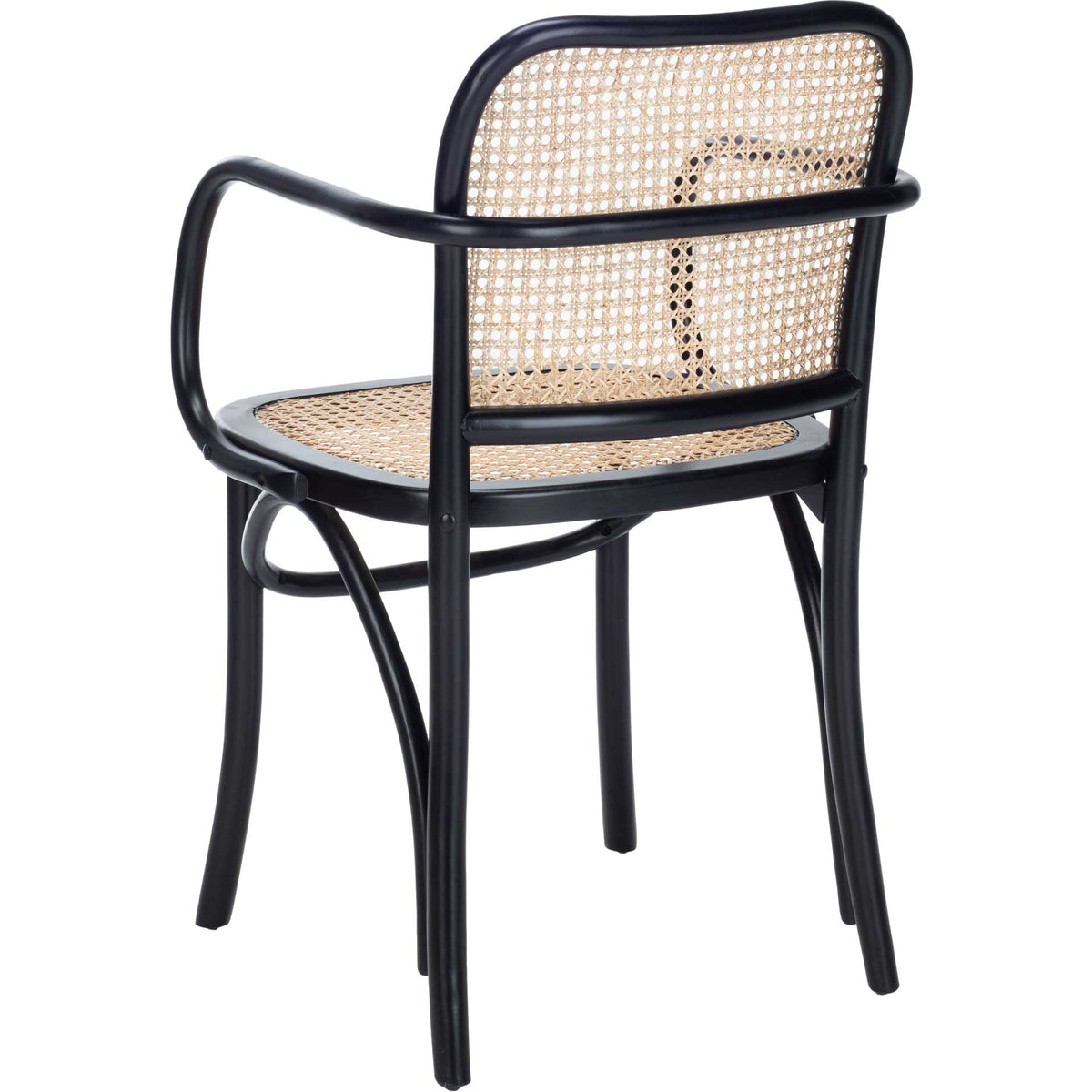The rounded cane backrest meets a sweeping black arm rail above slim legs and a woven seat.