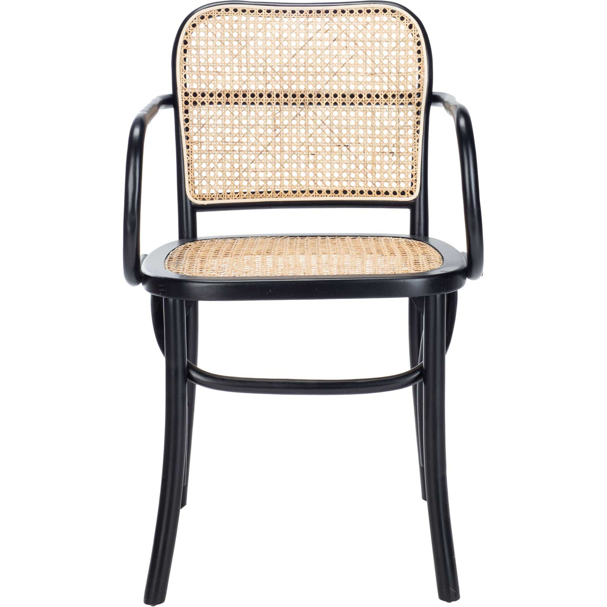 Black wood and airy natural cane combine in a dining chair with a rounded back and gently curved armrests. || DCH9503B || front_studio