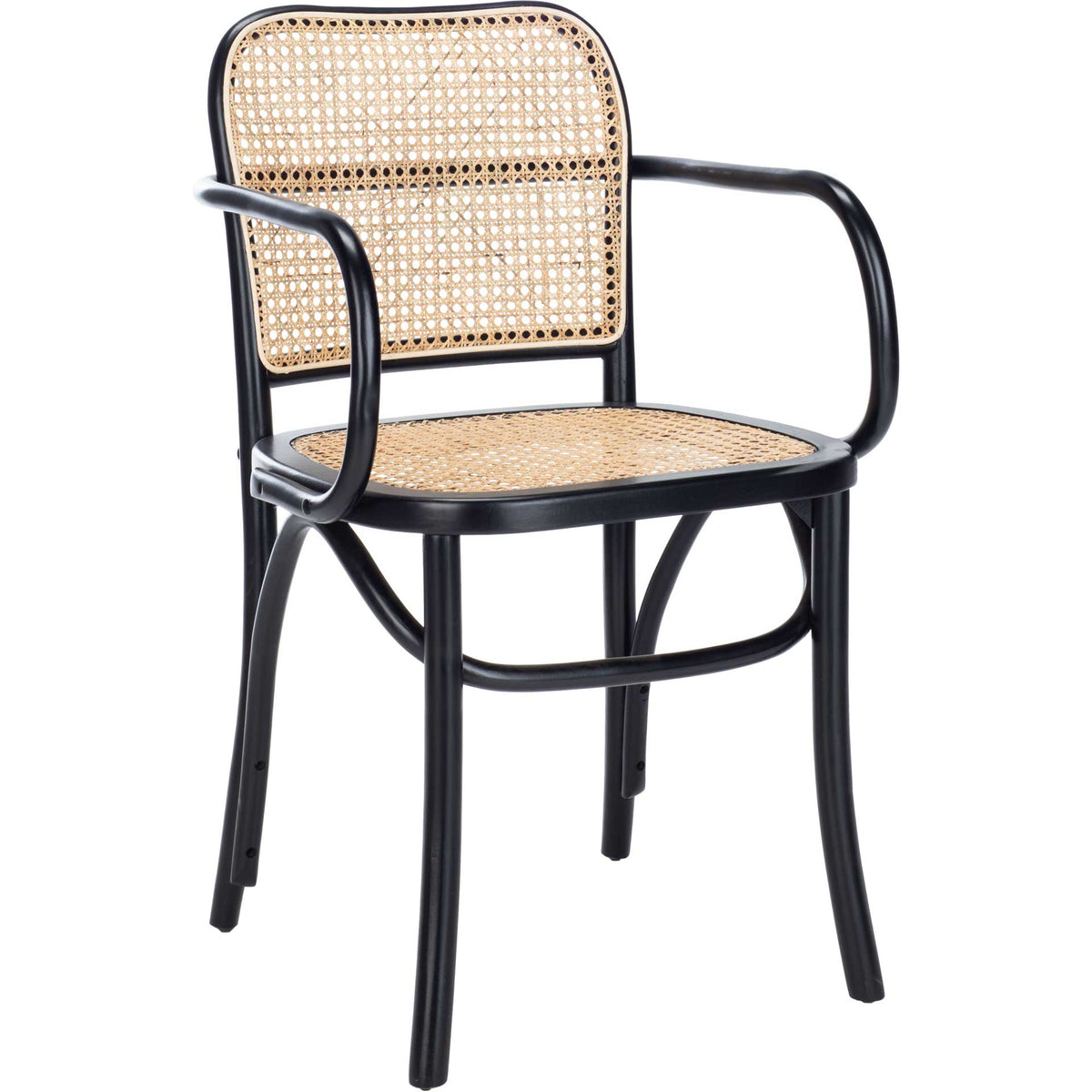 Curved black wood frames a natural cane seat and rounded back with flowing arms and arched supports. || DCH9503B || front_angle_studio