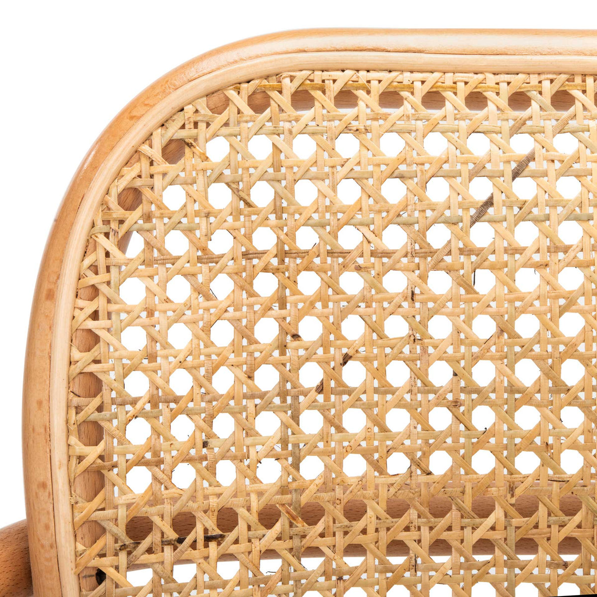 Open cane latticework brings light texture to the rounded wood-framed backrest.