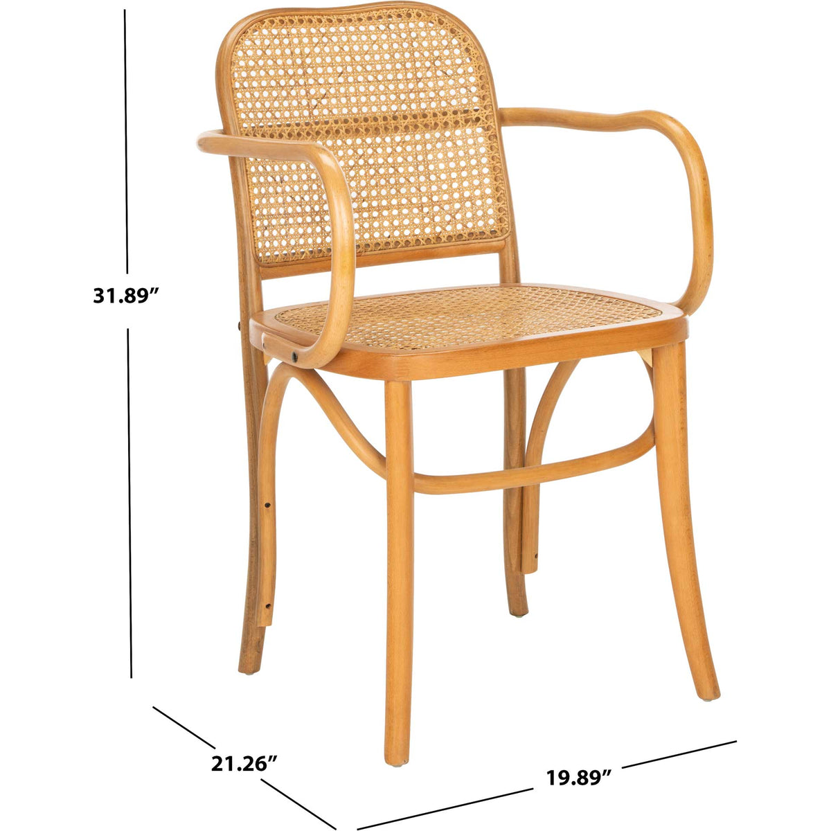 Natural wood and cane dining chair measures 19.89 inches wide, 21.26 inches deep, and 31.89 inches tall.