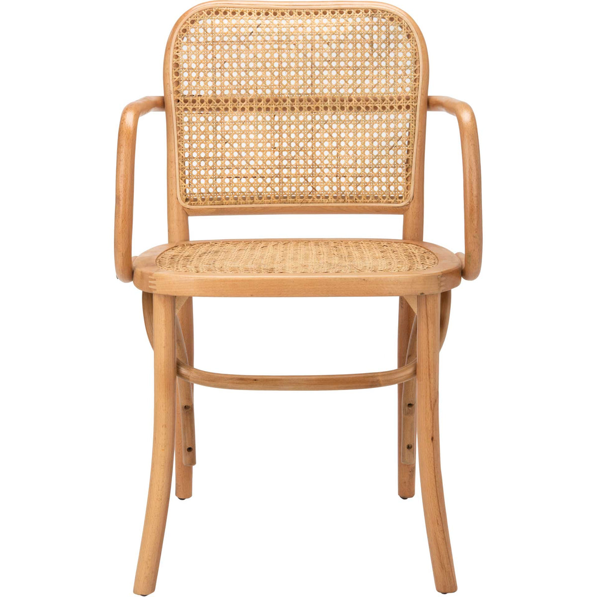 A natural wood chair pairs a woven cane back and seat with smooth, curved armrests and slender legs. || DCH9503C || front_studio