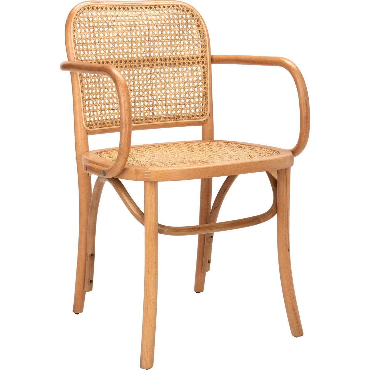 Warm natural wood, a woven cane seat, and a rounded cane back create an inviting dining chair. || DCH9503C || front_angle_studio