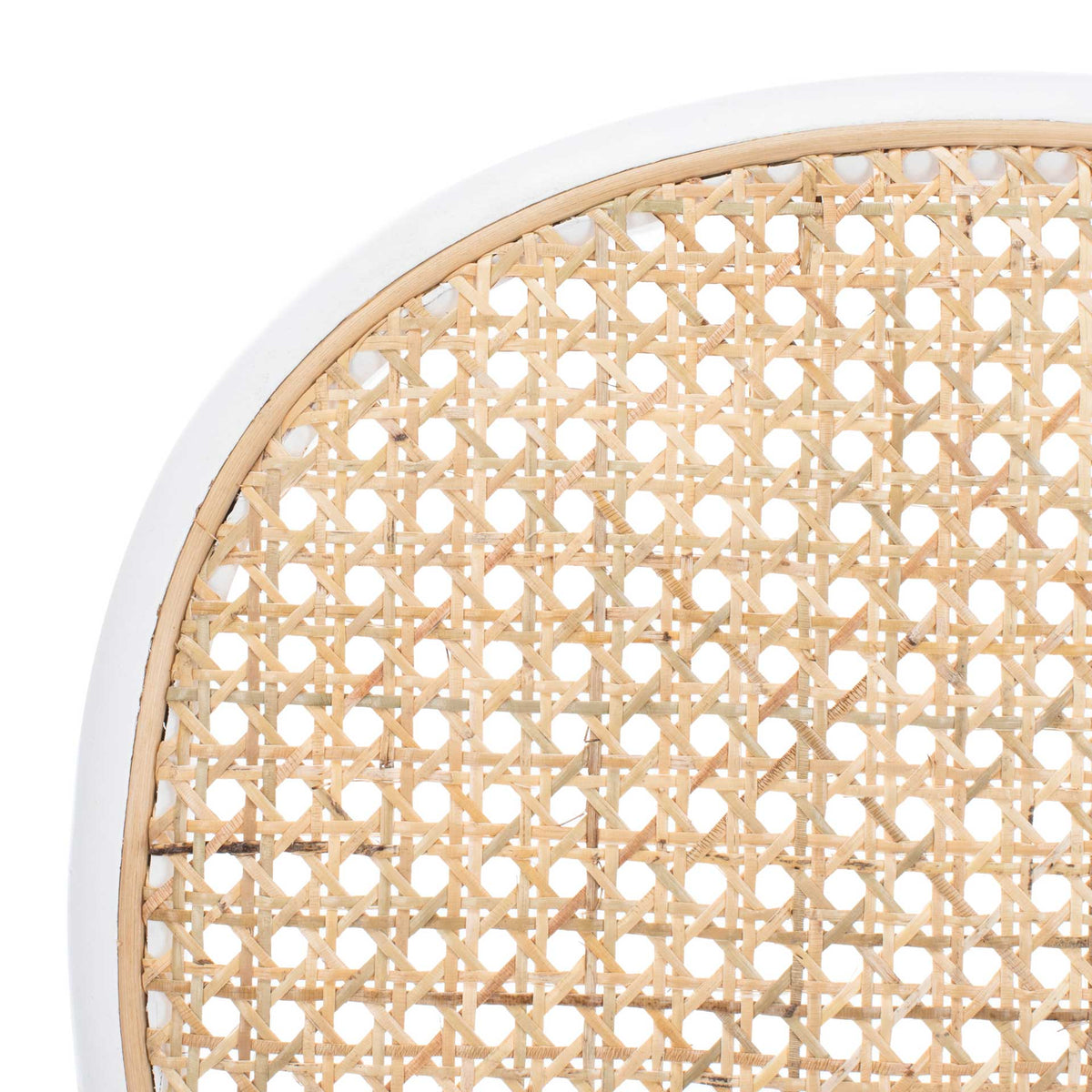 Intricate open cane weaving fills the rounded backrest, edged in smooth white wood.
