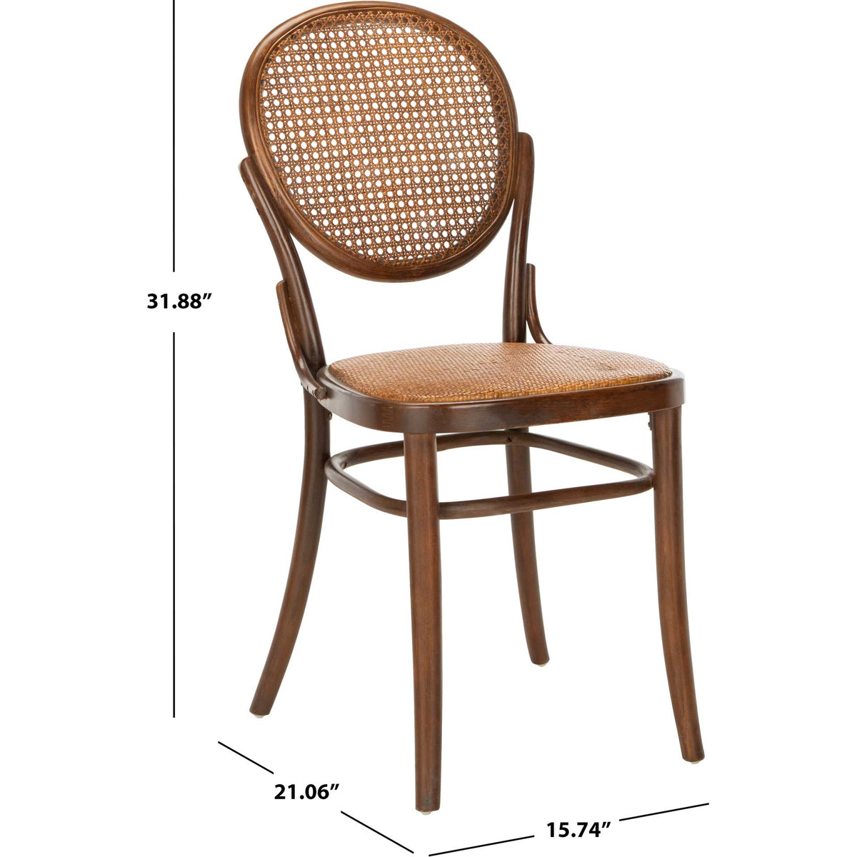An oval cane dining chair measures 15.74 inches wide, 21.06 inches deep and 31.88 inches high.