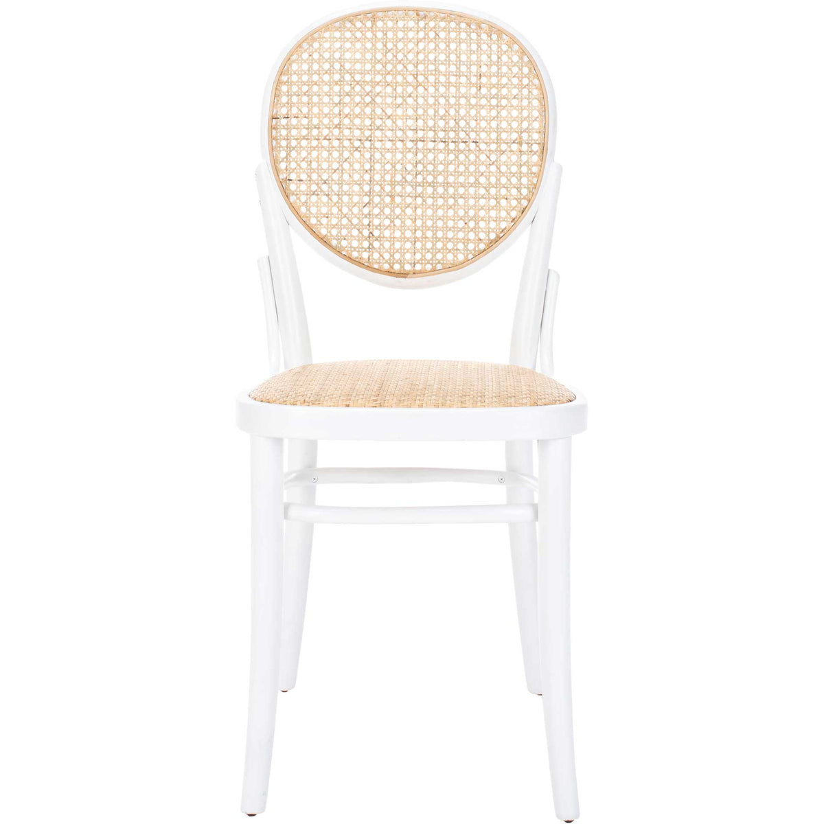 A rounded open-cane backrest and woven seat contrast with the crisp white wood frame. || DCH9504A-SET2 || front_studio
