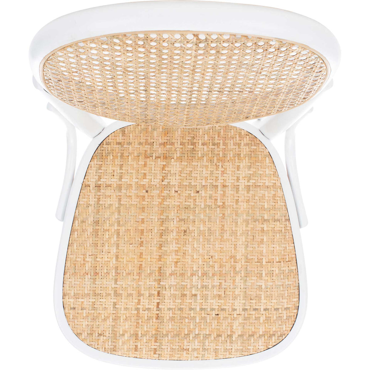 Natural cane weave covers the seat beneath an open-lattice back framed in white wood.
