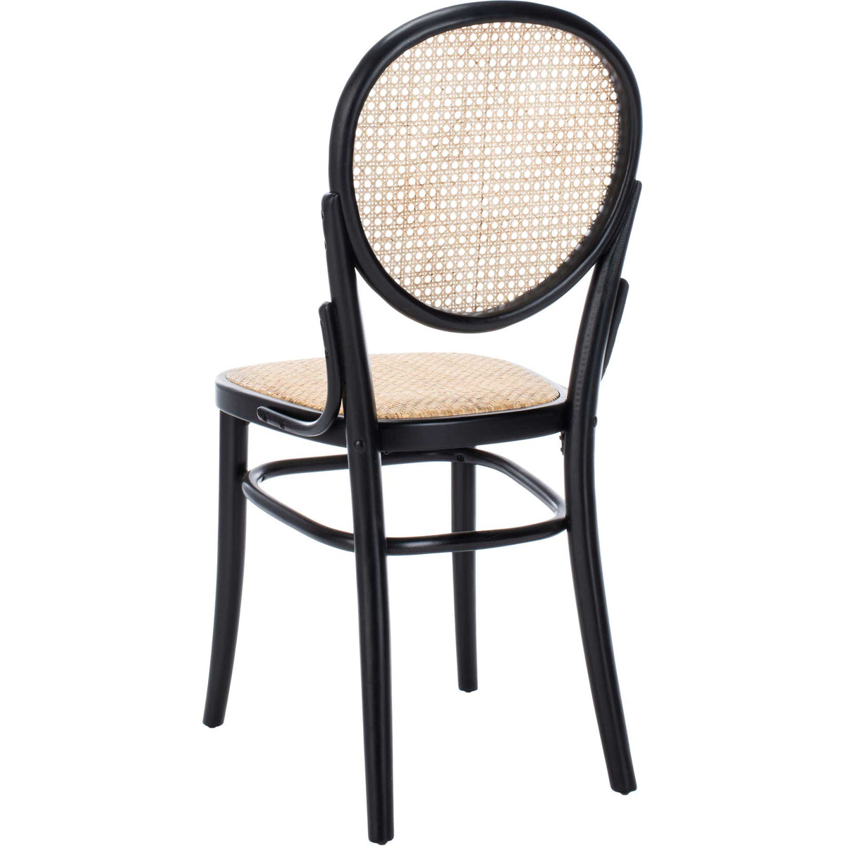 Curved black supports and slim legs surround the airy cane back and woven seat.