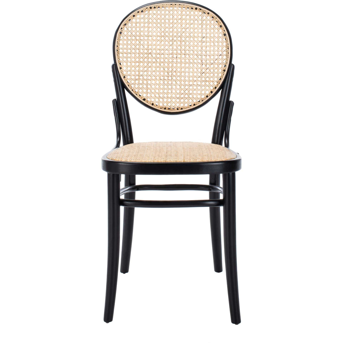 A rounded cane back and woven seat add warm texture to the slender black wood frame. || DCH9504B-SET2 || front_studio