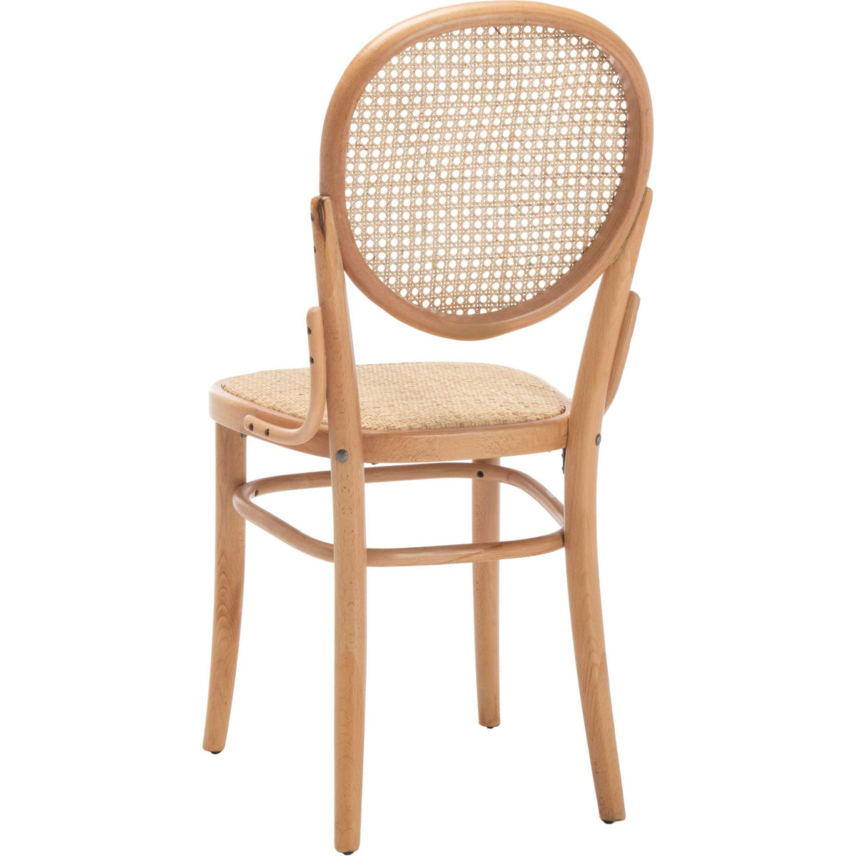 A rounded cane back, sweeping wood rails and tapered legs give this chair an airy feel.