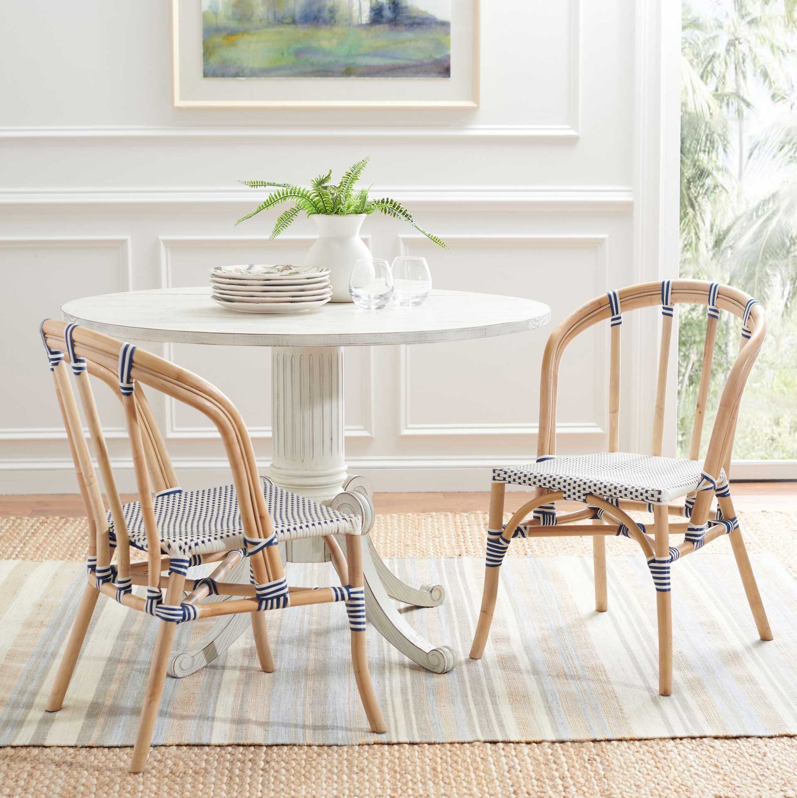 Kalel Rattan Dining Chair Natural/White/Blue (Set of 2)