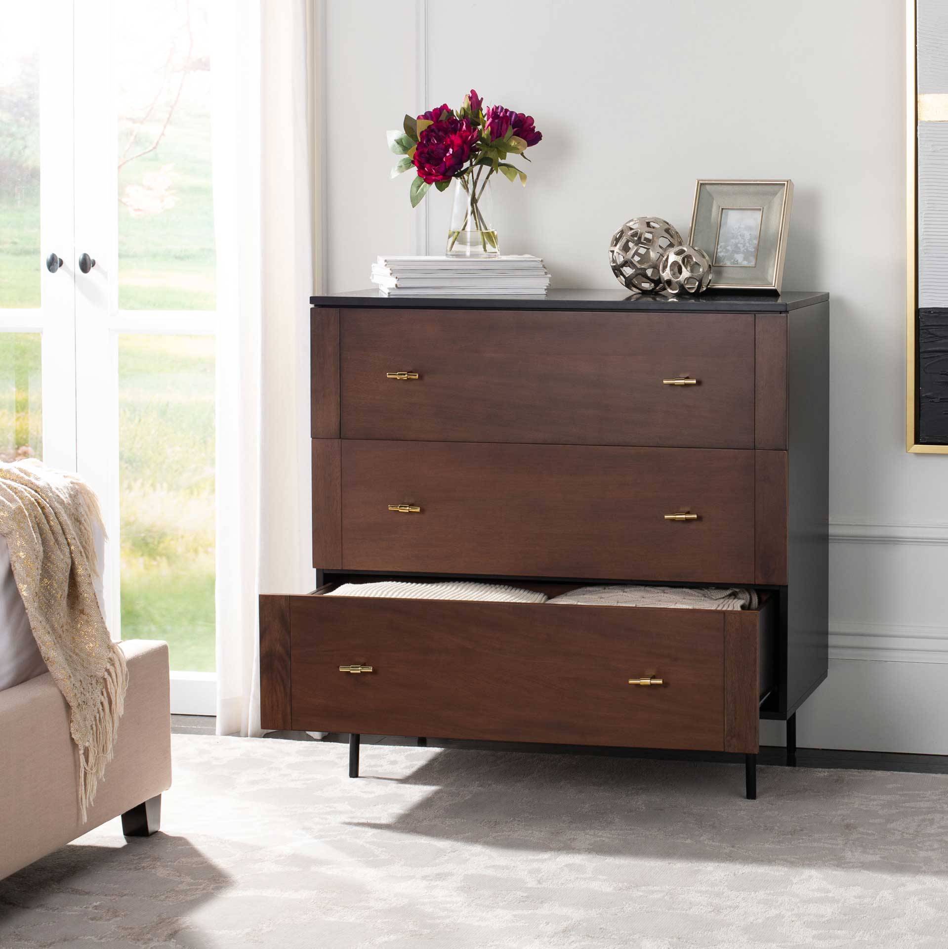 Genevieve 3 Drawer Dresser Black/Walnut - Safavieh Genevieve 3 Drawer Dresser Black/Walnut - Safavieh