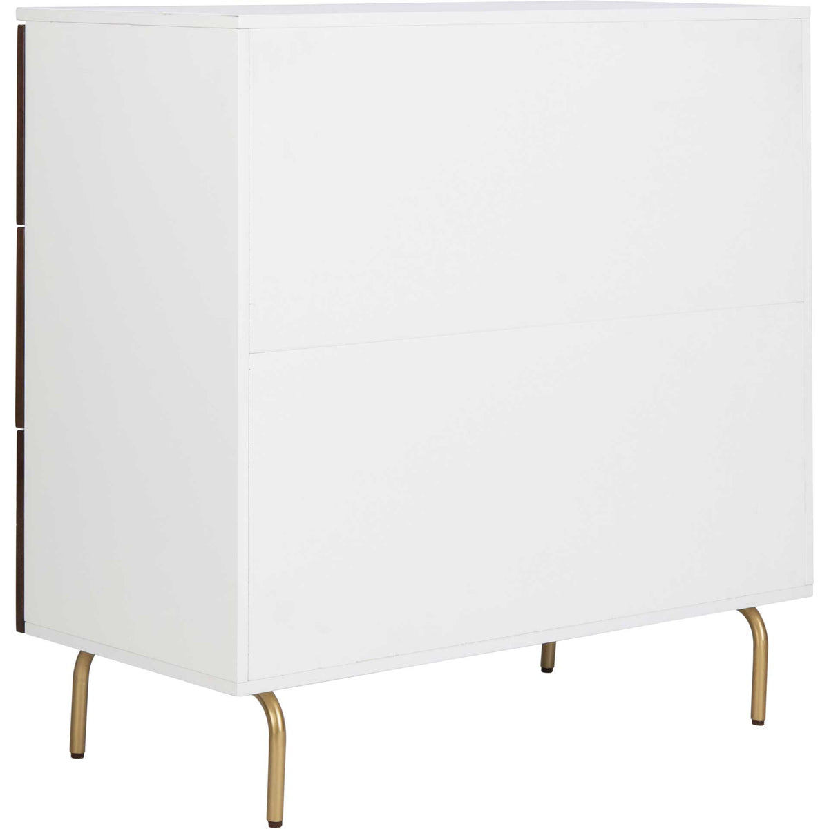 White side and back panels form a streamlined shell above the dresser's slender gold legs.