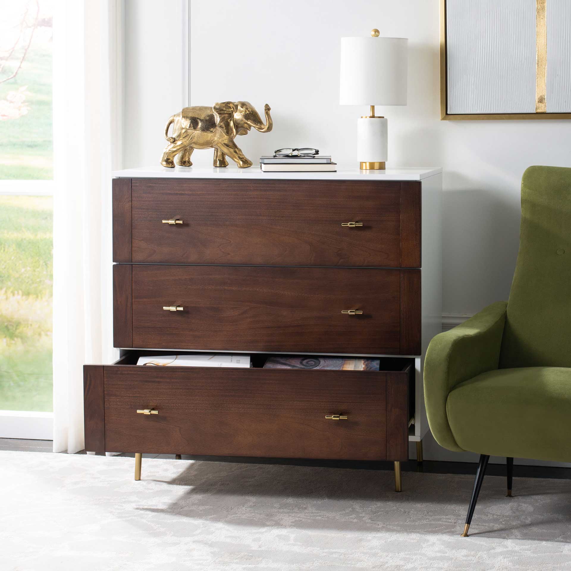 Safavieh Genevieve 3-Drawer Dresser, White/Walnut Safavieh Genevieve 3-Drawer Dresser, White/Walnut
