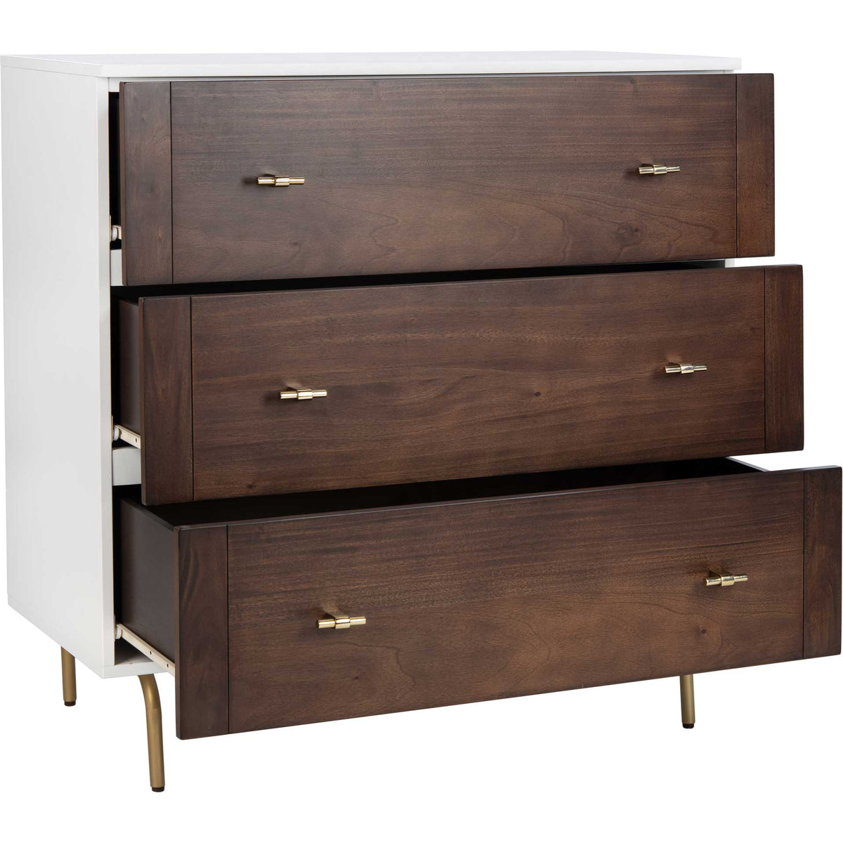 Three open walnut drawers reveal roomy storage within the white case, accented with gold pulls.