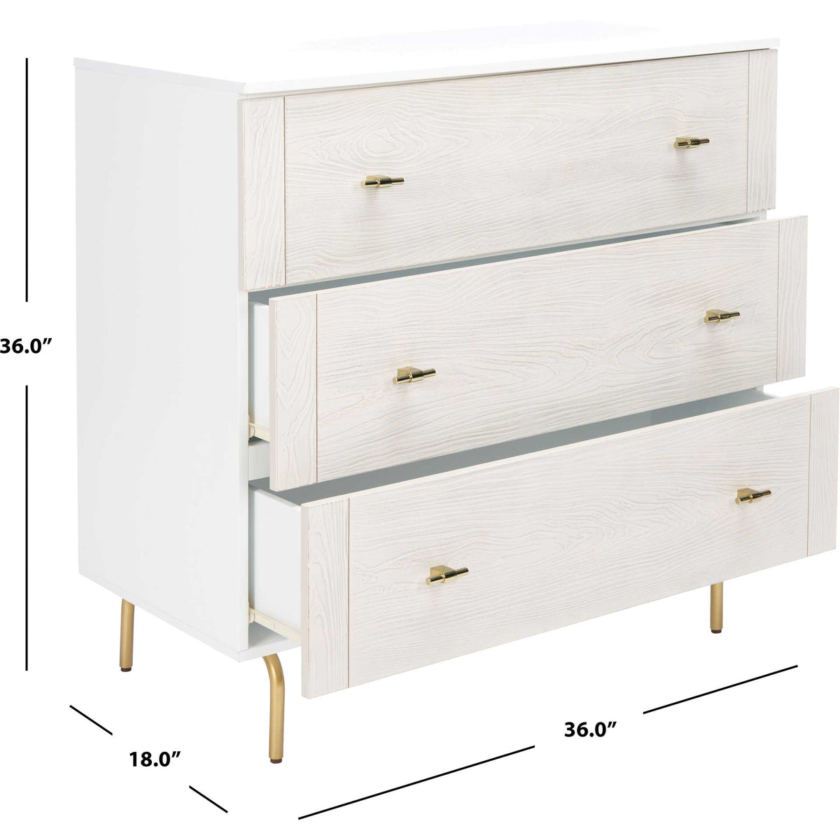 Three drawers fit in a 36-inch-wide, 36-inch-high dresser with an 18-inch depth and slender gold legs.