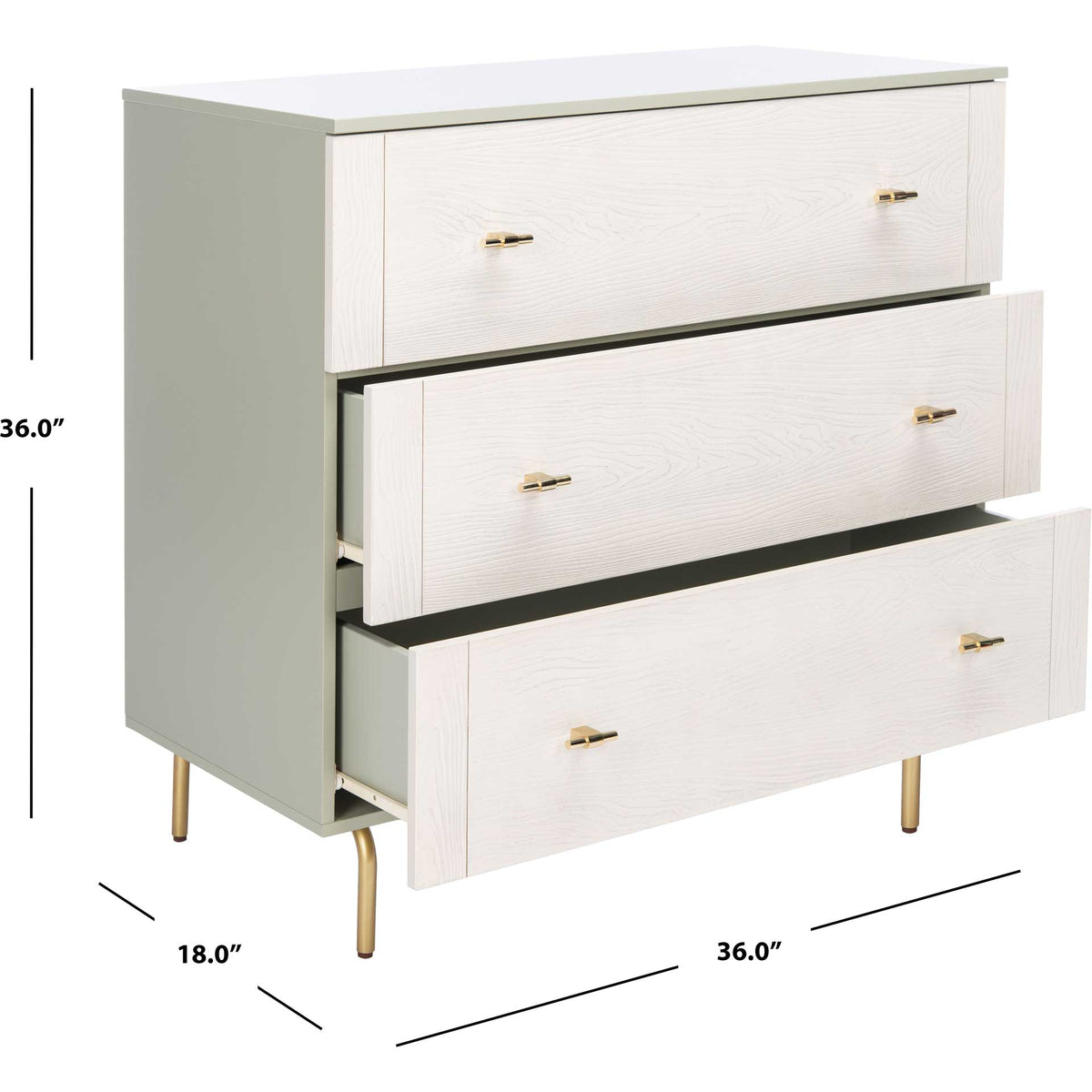 A 36-inch-wide dresser stands 36 inches high and 18 inches deep, with three whitewashed drawers.